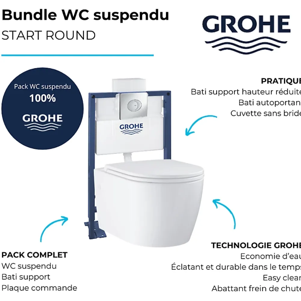 Wc Suspendu|Grohe Pack WC suspendu sans bride Start Round Ceramic + Bati support hauteur réduite universel mur-sol + Plaque carré chromé