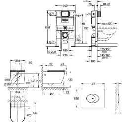 Wc Suspendu|Grohe Pack WC suspendu sans bride Start Round Ceramic + Bati support hauteur réduite universel mur-sol + Plaque carré chromé