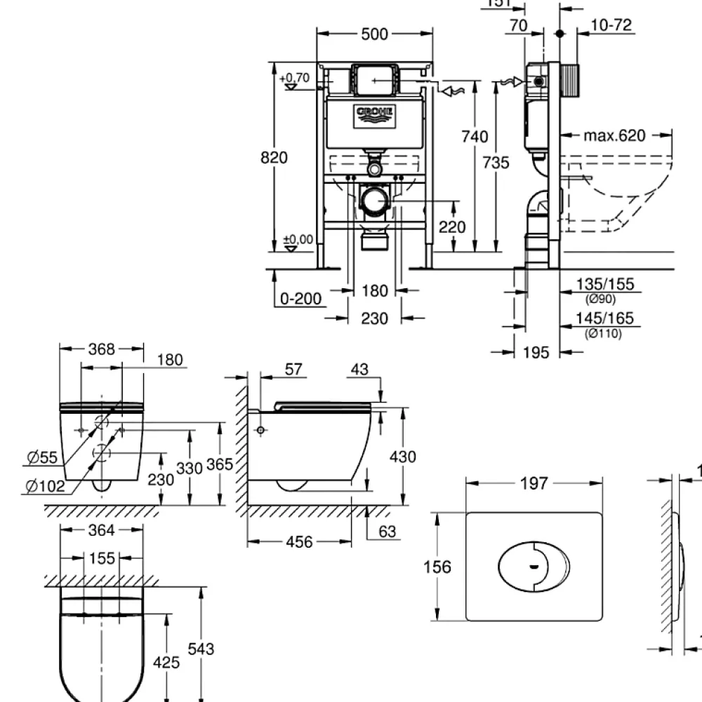 Wc Suspendu|Grohe Pack WC suspendu sans bride Start Round Ceramic + Bati support hauteur réduite universel mur-sol + Plaque carré chromé