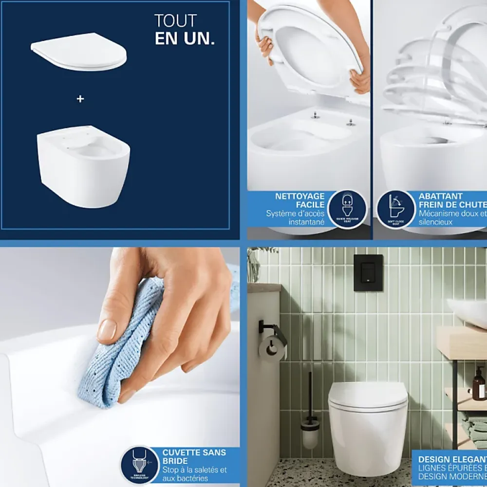 Wc Suspendu|Grohe Pack WC suspendu sans bride Start Round Ceramic + Bati support hauteur réduite universel mur-sol + Plaque carré chromé