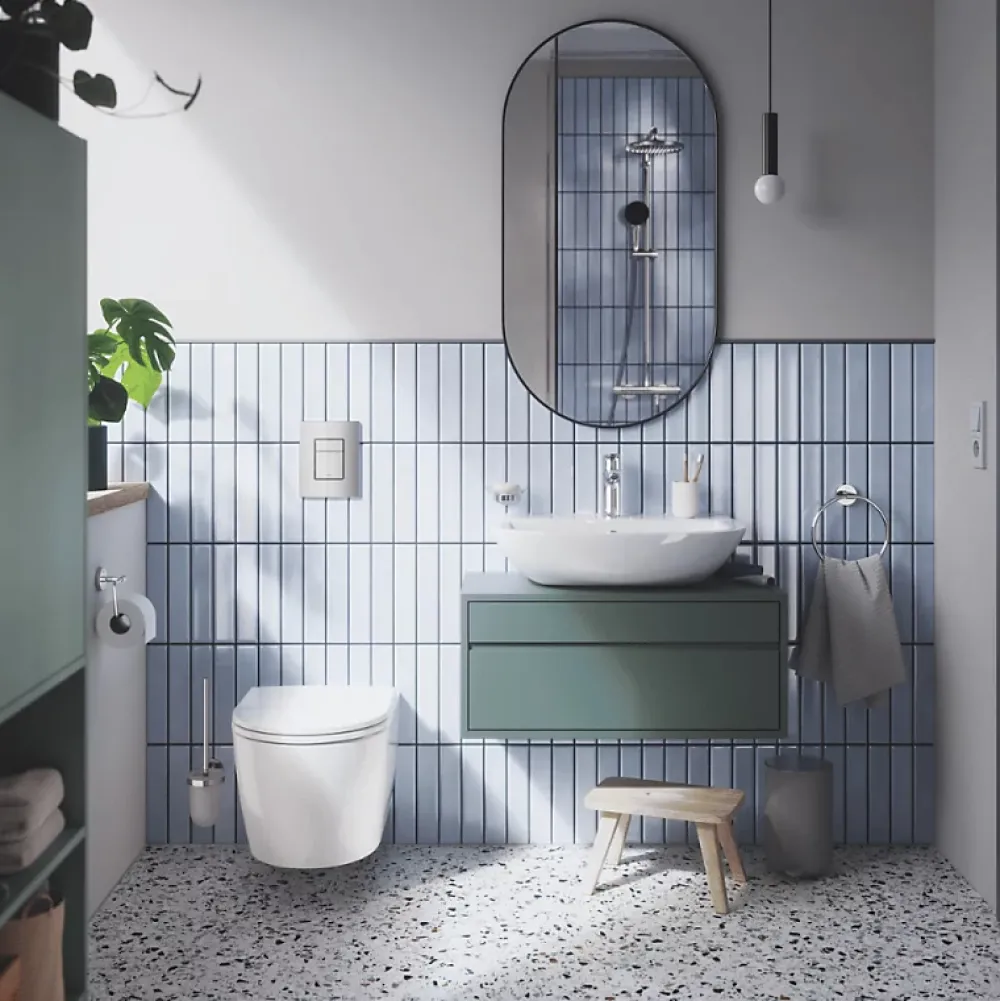 Wc Suspendu|Grohe Pack WC suspendu sans bride Start Round Ceramic + Bati support hauteur réduite universel mur-sol + Plaque carré chromé