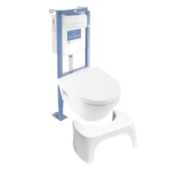 Wc Suspendu|Villeroy & Boch Pack WC suspendu sans bride VILLEROY ET BOCH Architectura Directflush + abattant + plaque blanche + bâti + Tabouret blanc