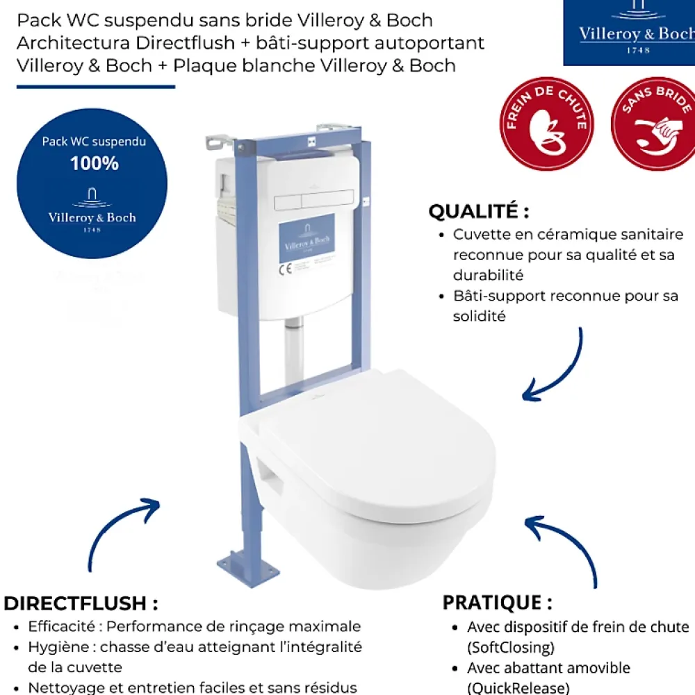 Wc Suspendu|Villeroy & Boch Pack WC suspendu sans bride VILLEROY ET BOCH Architectura Directflush + abattant + plaque blanche + bâti + Tabouret blanc