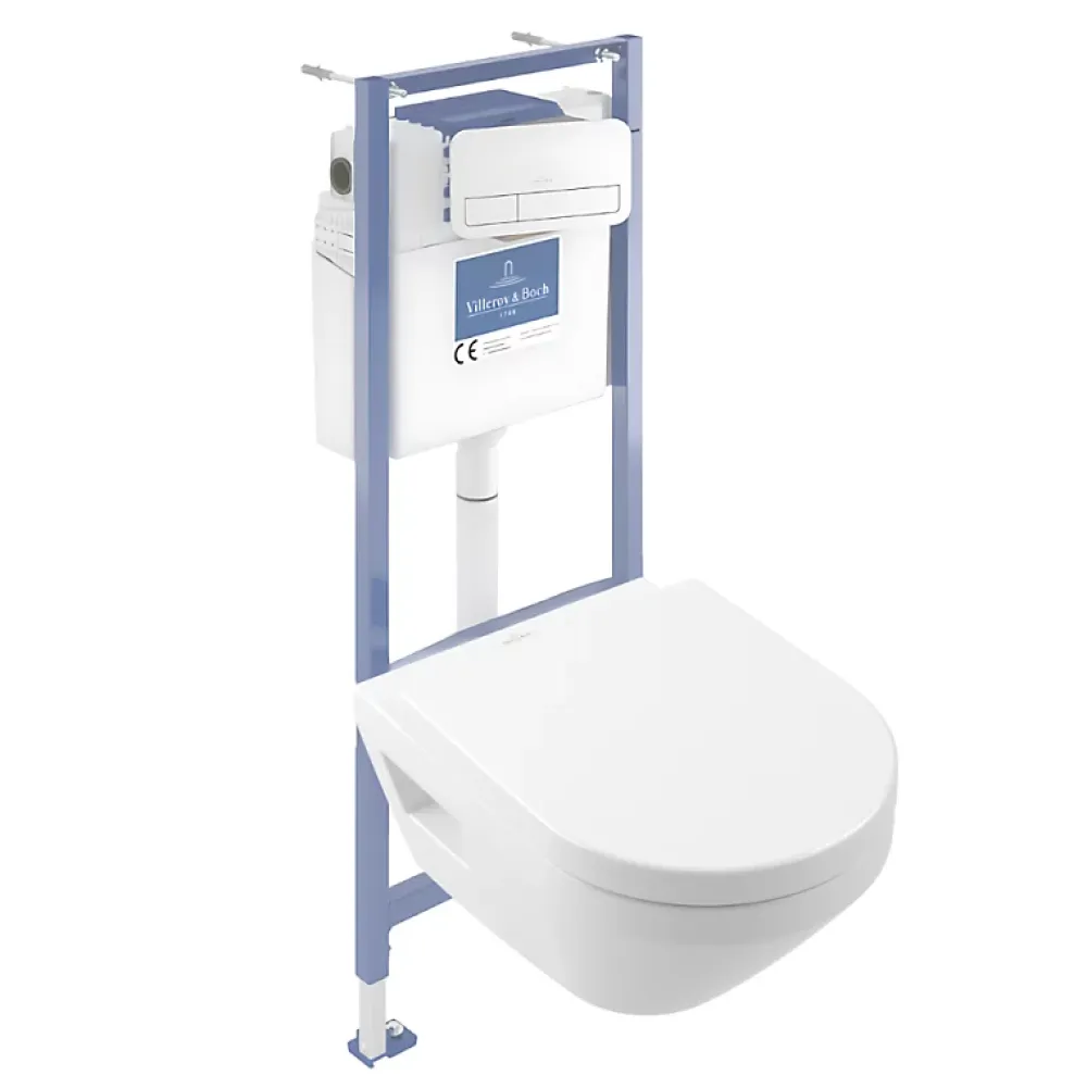 Wc Suspendu|Villeroy & Boch Pack WC suspendu sans bride Architectura Twistflush e3 rond + bâti-support sol et mur + plaque blanc