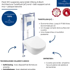 Wc Suspendu|Villeroy & Boch Pack WC suspendu sans bride Architectura Twistflush e3 rond + bâti-support sol et mur + plaque blanc