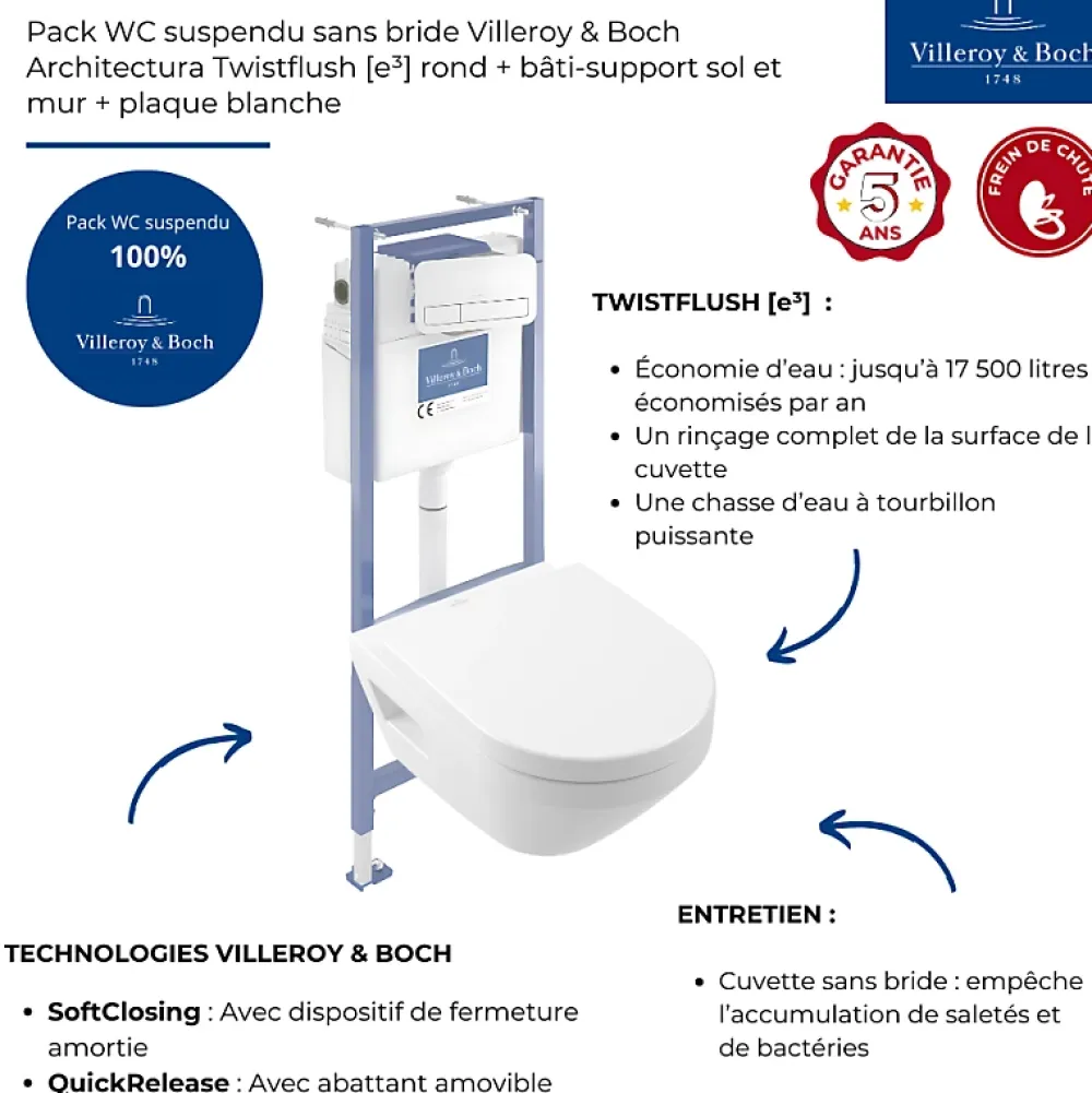 Wc Suspendu|Villeroy & Boch Pack WC suspendu sans bride Architectura Twistflush e3 rond + bâti-support sol et mur + plaque blanc