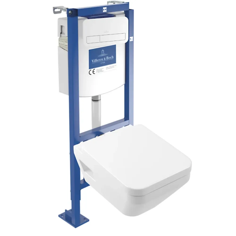 Wc Suspendu|Villeroy & Boch Pack WC suspendu sans bride Architectura Twistflush e3 rectangle + bâti-support ViConnect + plaque blanc