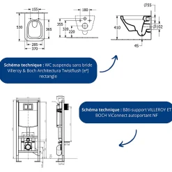 Wc Suspendu|Villeroy & Boch Pack WC suspendu sans bride Architectura Twistflush e3 rectangle + bâti-support ViConnect + plaque blanc