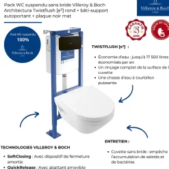 Villeroy & Boch Pack WC suspendu sans bride Architectura Twistflush e3 rond + bâti-support ViConnect + plaque noir