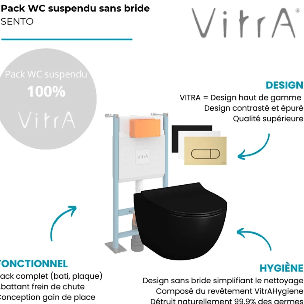 Vitra Pack WC suspendu Sento noir + bâti autoportant V-Fix Core + Plaque Round Noir mat