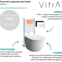 Vitra Pack WC suspendu Sento blanc + bâti autoportant V-Fix Core + Plaque Round Noir mat