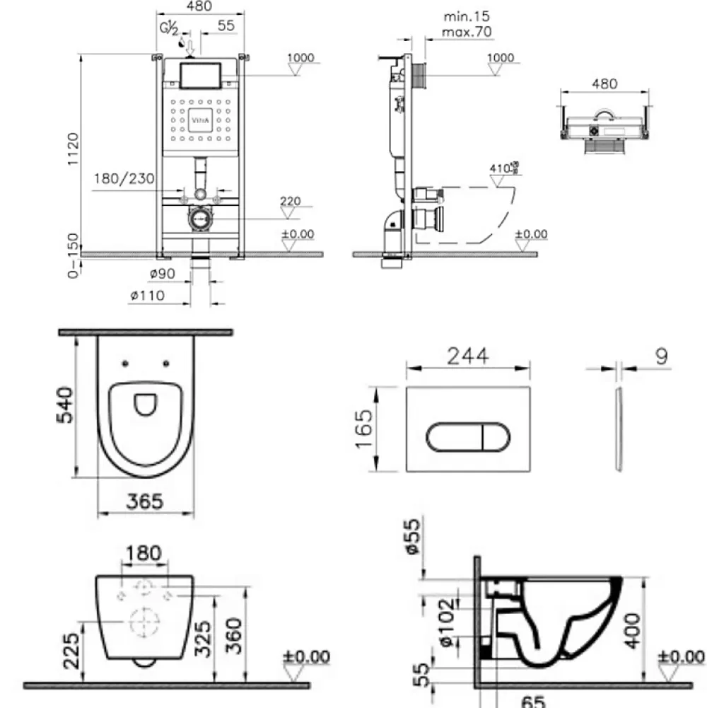 Vitra Pack WC suspendu Sento blanc + bâti autoportant V-Fix Core + Plaque Round Noir mat