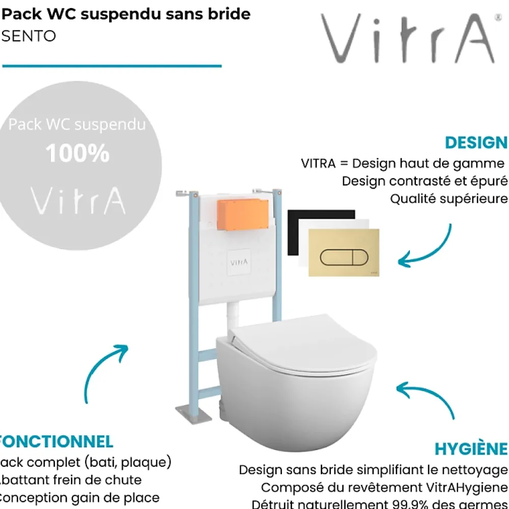 Vitra Pack WC suspendu Sento blanc mat + bâti autoportant V-Fix Core + Plaque Round Blanche