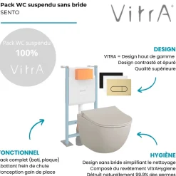 Vitra Pack WC suspendu Sento lin mat + bâti autoportant V-Fix Core + Plaque Round noir mat