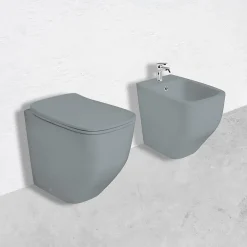 Kiamami Valentina Paire De Bidet Et Wc Encastrés Gris Mat Avec Abattant De Toilette
