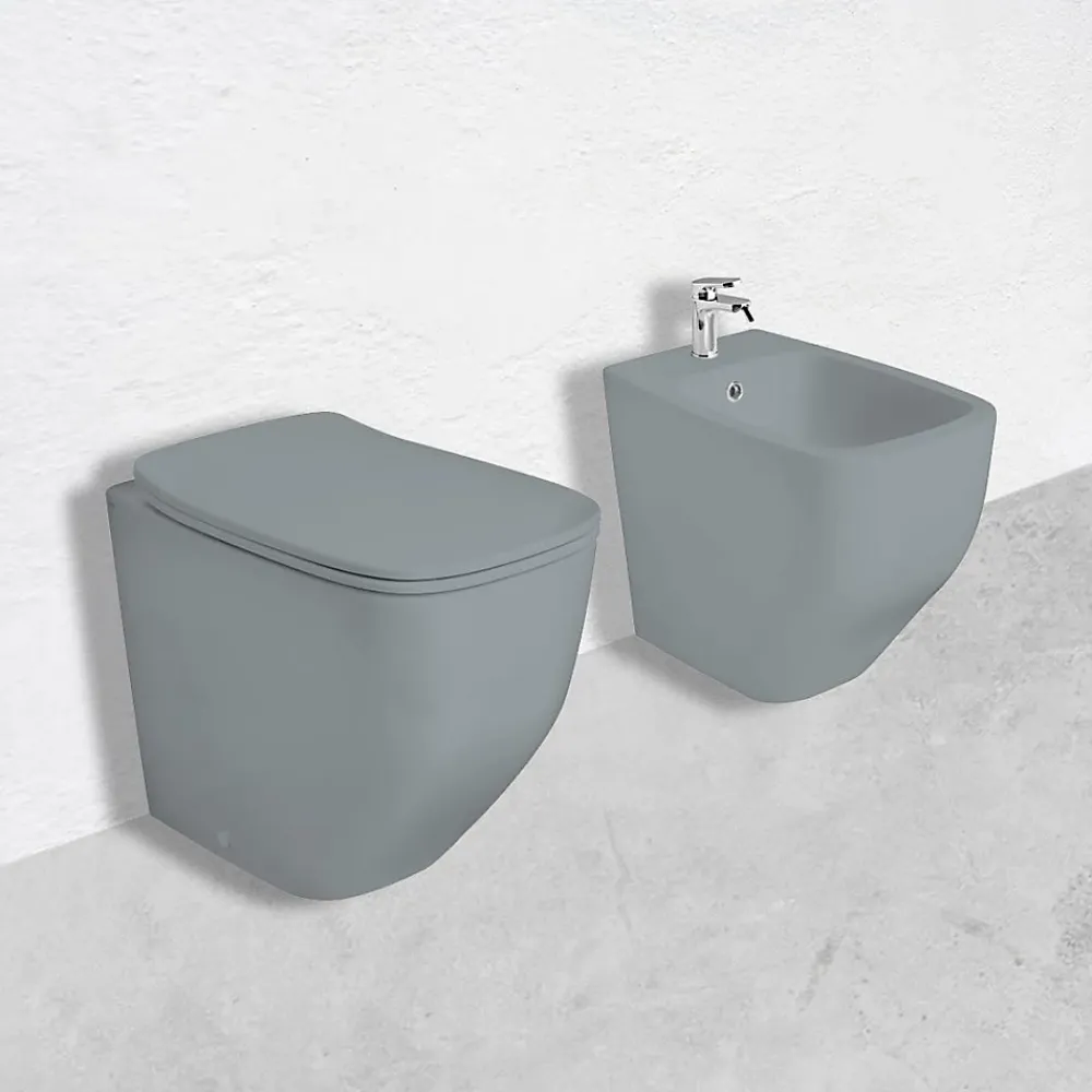 Kiamami Valentina Paire De Bidet Et Wc Encastrés Gris Mat Avec Abattant De Toilette
