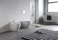 Wc À Poser|Laneri Paire de Sanitaires Bent Rimless - Cuvette + Bidet Mural au Sol Blanc Brillant - Sans Bride, Abattant Soft-Close