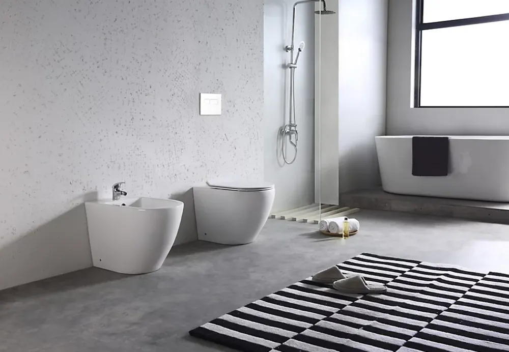 Wc À Poser|Laneri Paire de Sanitaires Bent Rimless - Cuvette + Bidet Mural au Sol Blanc Brillant - Sans Bride, Abattant Soft-Close