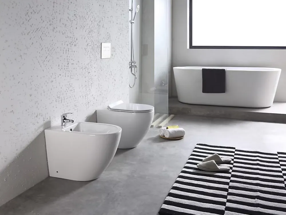 Wc À Poser|Laneri Paire de Sanitaires Bent Rimless - Cuvette + Bidet Mural au Sol Blanc Brillant - Sans Bride, Abattant Soft-Close