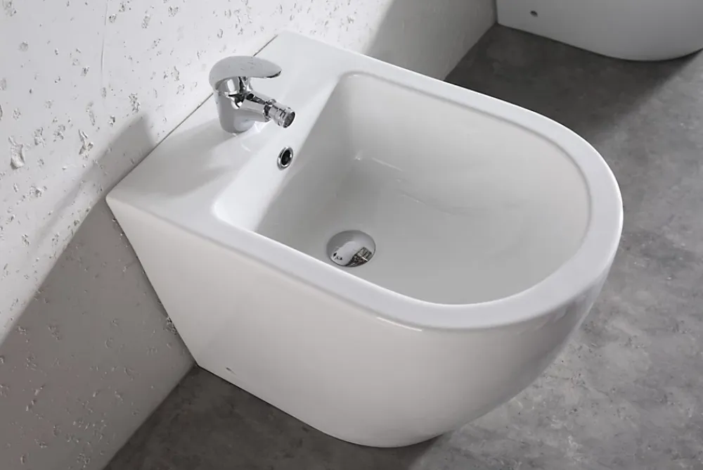 Wc À Poser|Laneri Paire de Sanitaires Bent Rimless - Cuvette + Bidet Mural au Sol Blanc Brillant - Sans Bride, Abattant Soft-Close