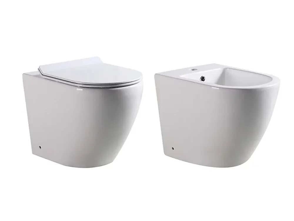 Wc À Poser|Laneri Paire de Sanitaires Bent Rimless - Cuvette + Bidet Mural au Sol Blanc Brillant - Sans Bride, Abattant Soft-Close