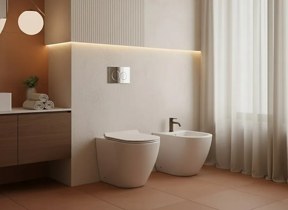 Wc À Poser|Laneri Paire de Sanitaires Bent Rimless - Cuvette + Bidet Mural au Sol Blanc Brillant - Sans Bride, Abattant Soft-Close
