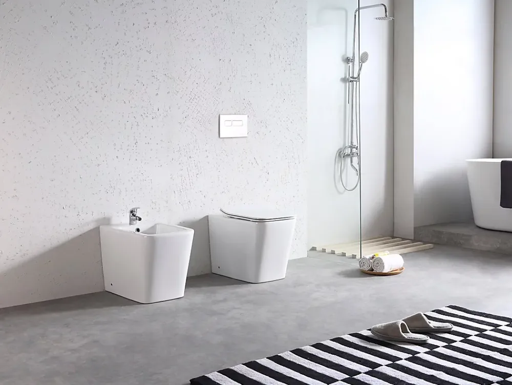 Laneri Paire de Sanitaires Edge Rim - Cuvette + Bidet Filo Muro Blanc Brillant - Sans Bride, Abattant Soft-Close