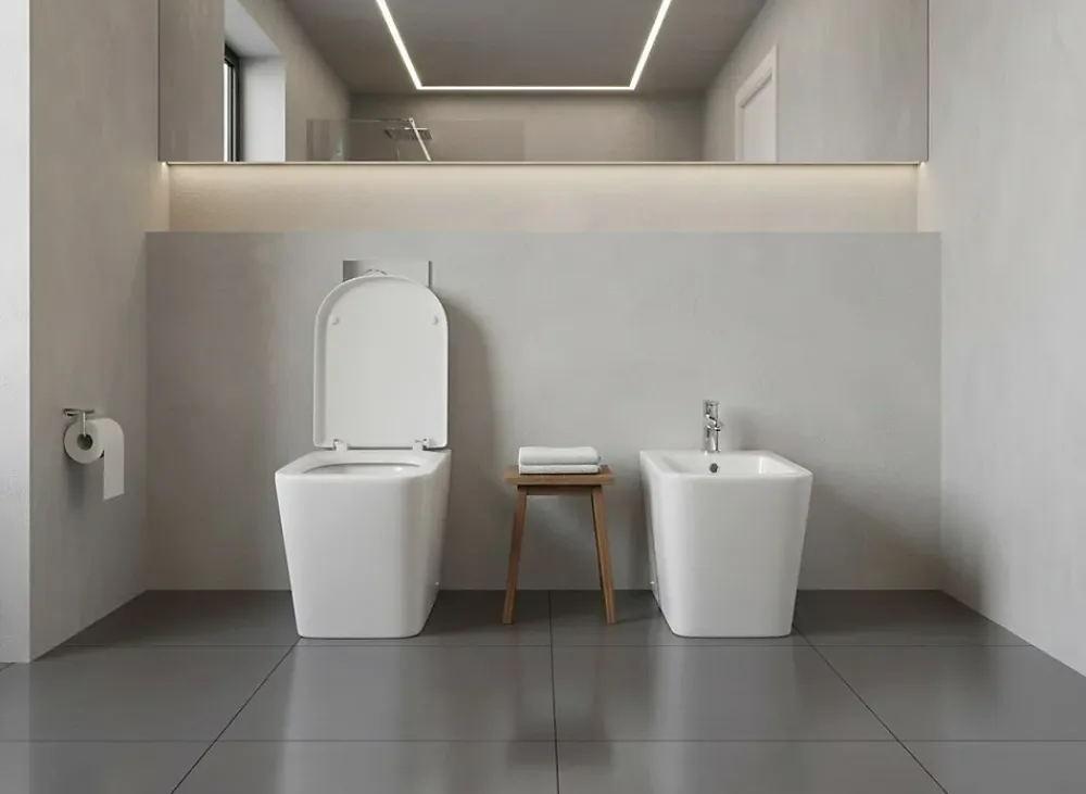 Laneri Paire de Sanitaires Edge Rim - Cuvette + Bidet Filo Muro Blanc Brillant - Sans Bride, Abattant Soft-Close