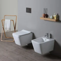 Kiamami Valentina Paire De Sanitaires Suspendus Wc Et Bidet En Céramique Avec Émail Antibactérien Et Système Rimless - Rock