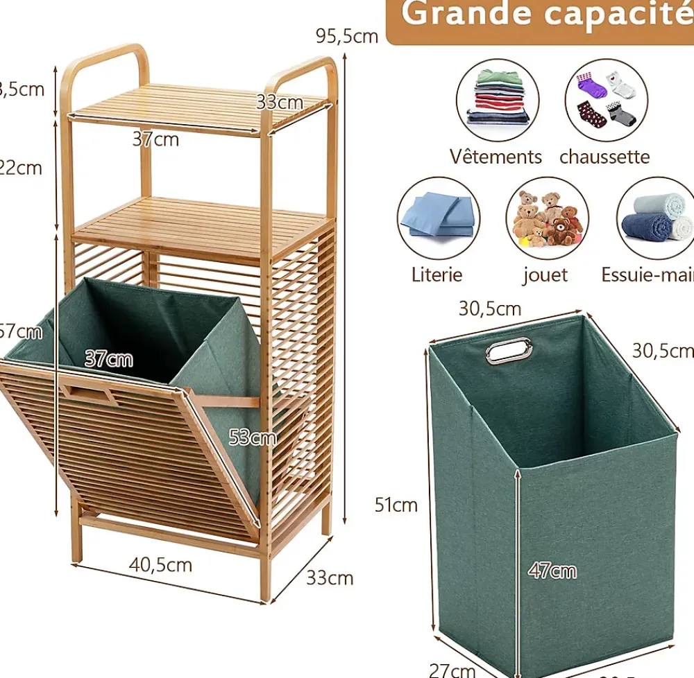 Giantex Panier à Linge en Bambou, Étagère Résistant à la Corrosion et aux Mites, Idéal pour Salle de Bain, Chambre, Balcon, Marron et Vert