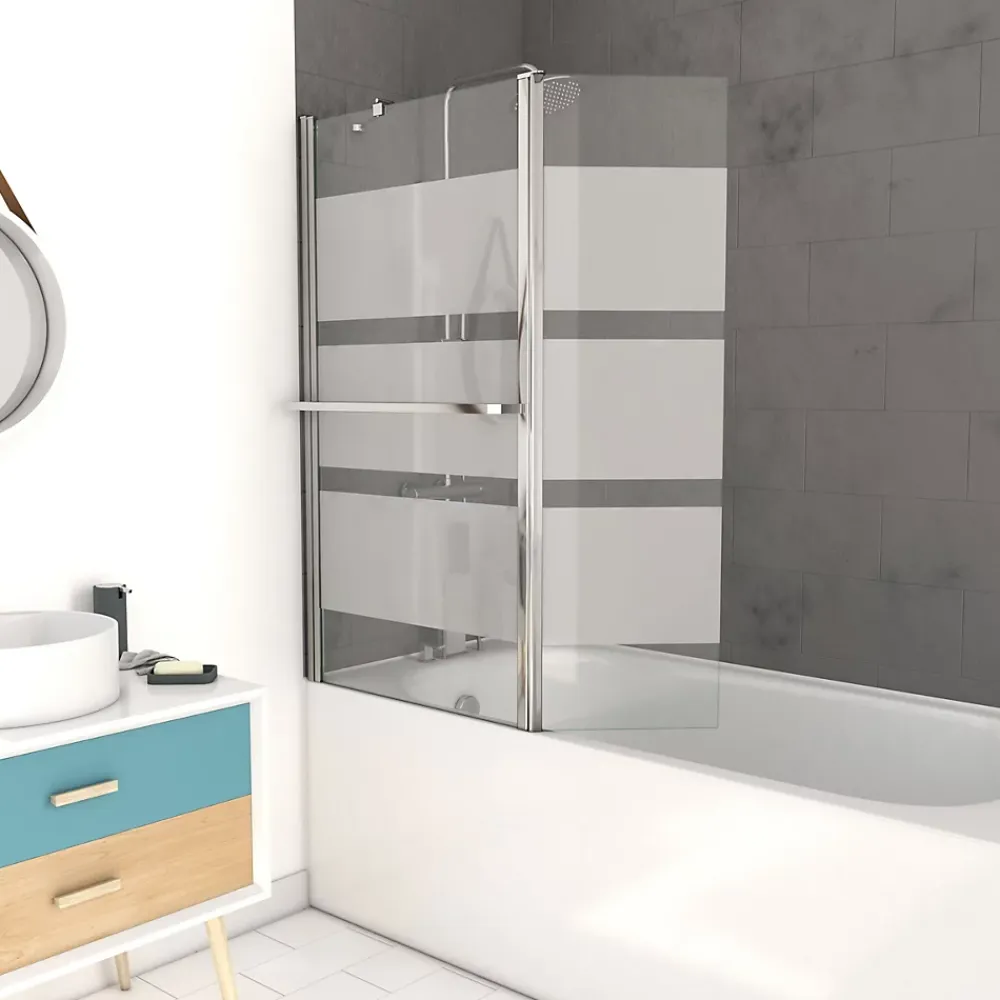 Aurlane Pare baignoire + volet pivotant 130x105- Profile aluminium chrome et verre transparent bande depolie