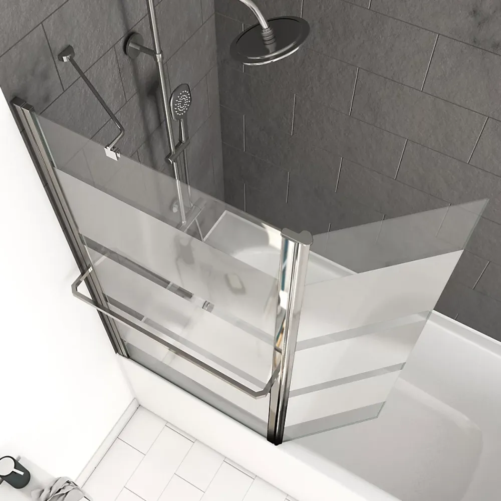 Aurlane Pare baignoire + volet pivotant 130x105- Profile aluminium chrome et verre transparent bande depolie