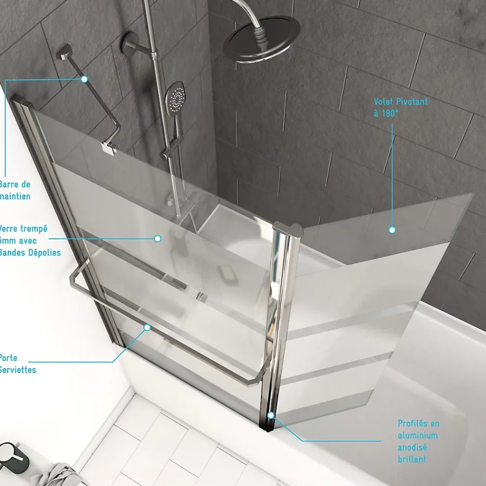 Aurlane Pare baignoire + volet pivotant 130x105- Profile aluminium chrome et verre transparent bande depolie