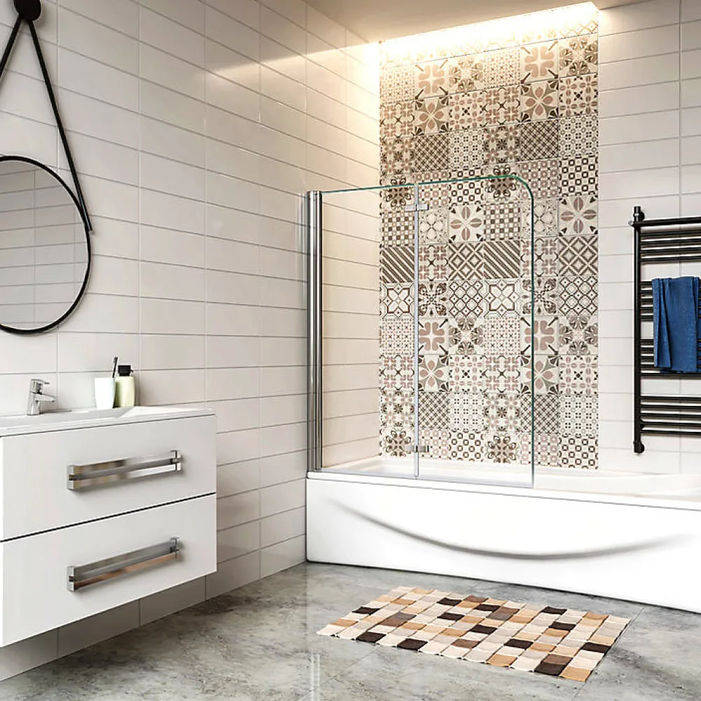 AICA Sanitaire Pare baignoire 2 volet pliante et pivotant chrome - L.120 x H.140 cm en 6mm verre anticalcaire