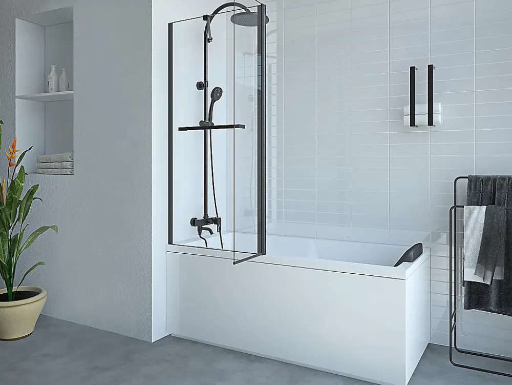Vente-unique Pare baignoire avec porte-serviette et retour pivotant noir mat - (70 + 30) x 140 cm - PRIMAEL