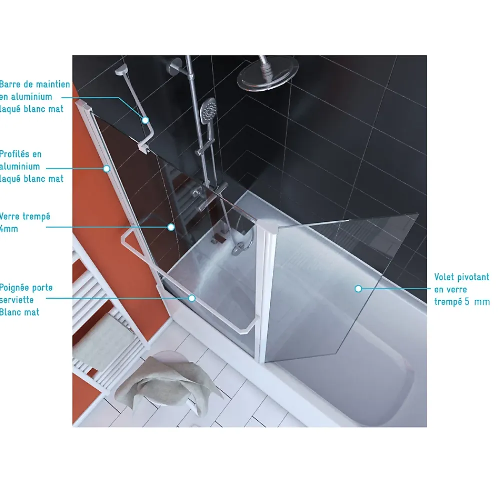 Pare-Baignoire|Aurlane PARE BAIGNOIRE AVEC VOLET PIVOTANT 130x105cm PROFILE ALUMINIUM LAQUE BLANC ET VERRE TRANSPARENT