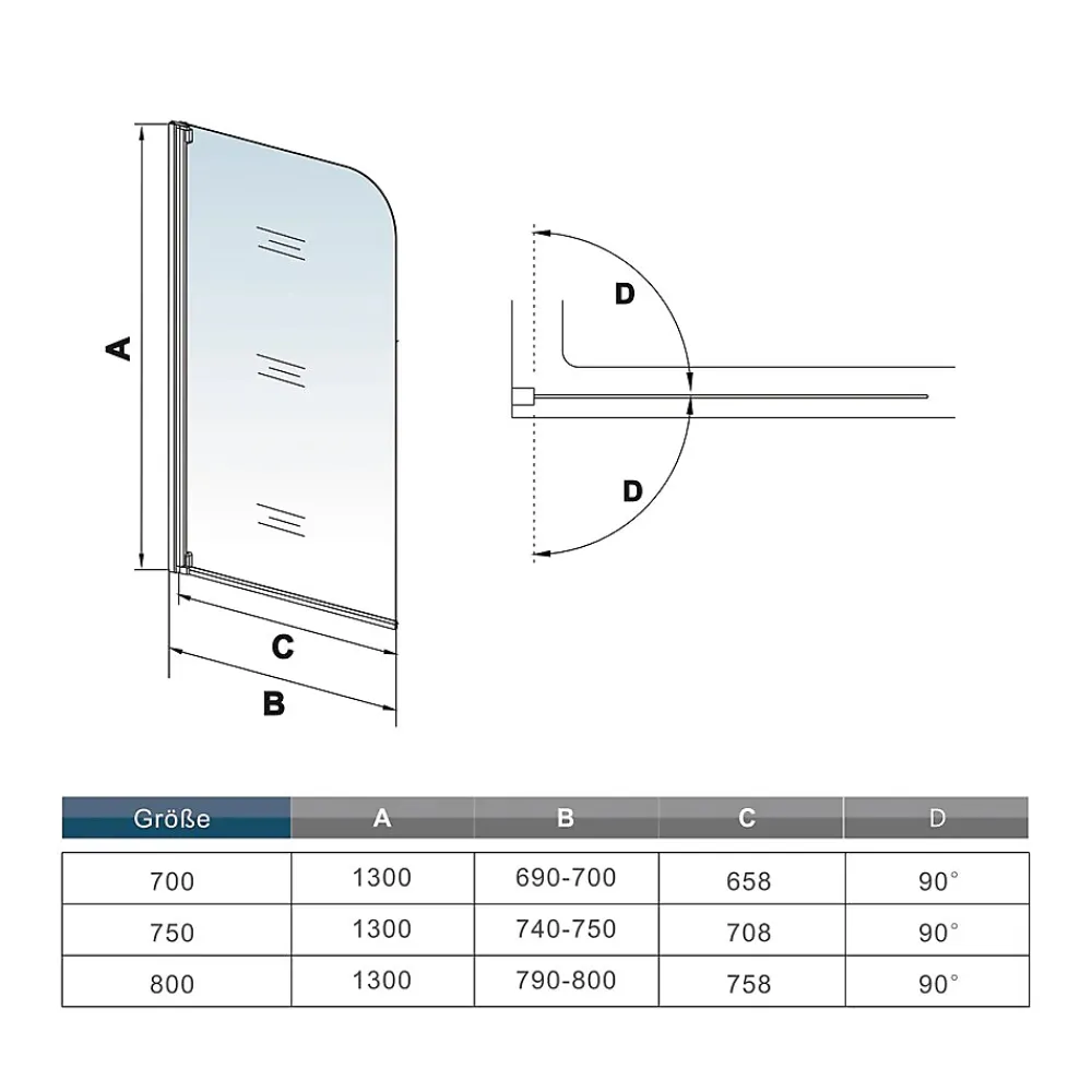AICA Sanitaire Pare baignoire Blanc mat au angle arrondis pivotant à 180 degrés,L70xH130cm,4mm verre trempé, style industriel