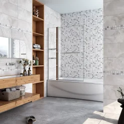 Pare-Baignoire|AICA Sanitaire Pare baignoire chromé pivotant L.100 x 140 cm avec 2 étagères et porte-serviette - 6mm verre sécurité