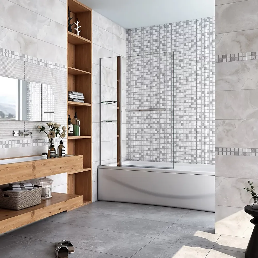 Pare-Baignoire|AICA Sanitaire Pare baignoire chromé pivotant L.100 x 140 cm avec 2 étagères et porte-serviette - 6mm verre sécurité