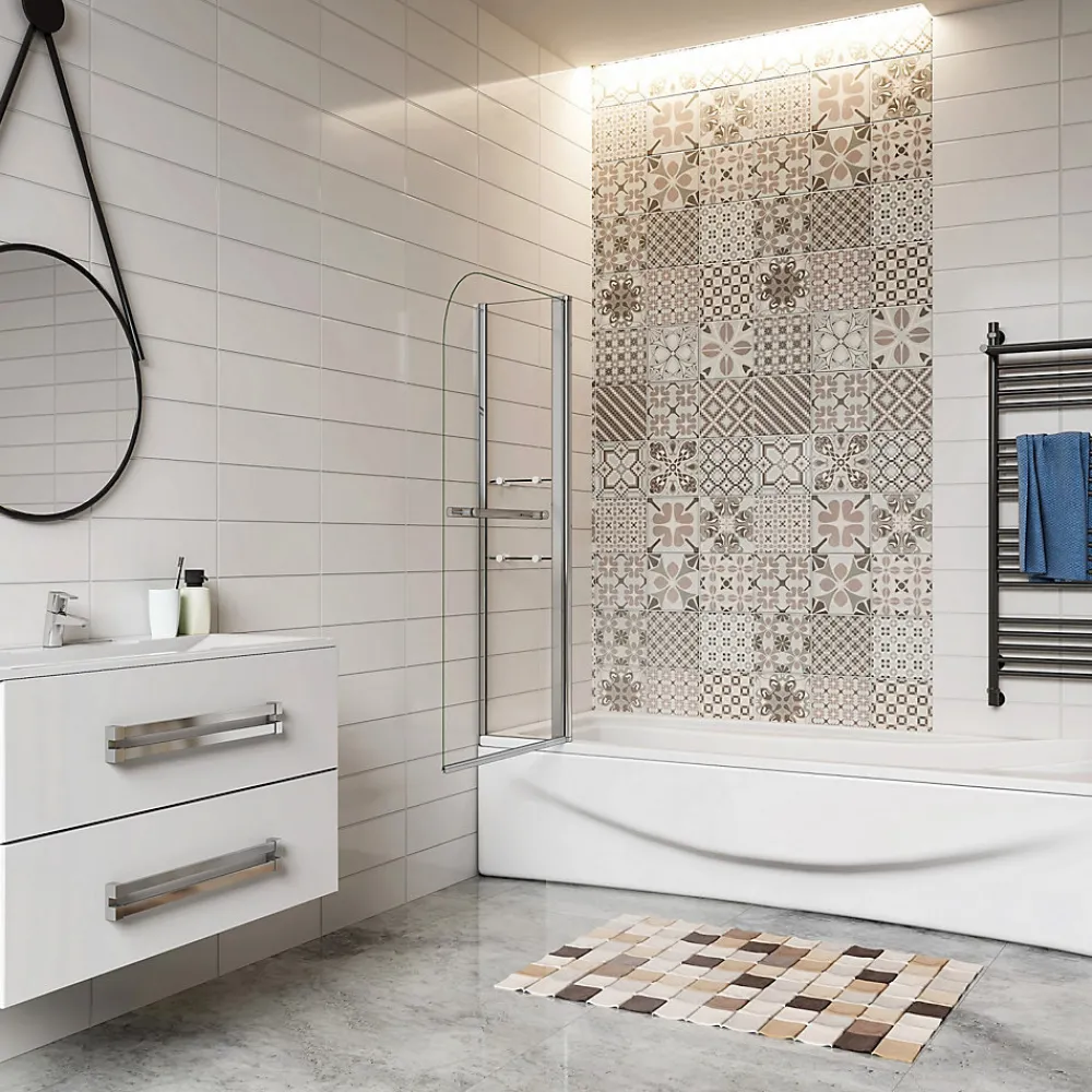 AICA Sanitaire Pare baignoire chromé pivotante L.120 x 140 cm avec 2 étagères - 6mm verre sécurité - solution pratique, élégante