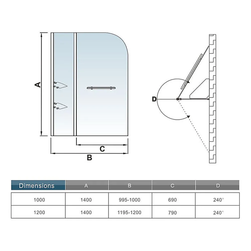 AICA Sanitaire Pare baignoire chromé pivotante L.100 x 140 cm avec 2 étagères - 6mm verre sécurité - solution pratique, élégante