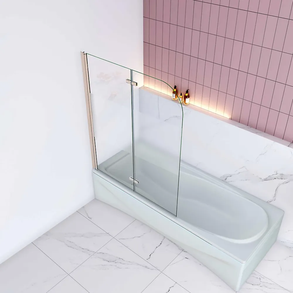 AICA Sanitaire Pare baignoire Chrome au angle arrondis pivotant 180 degrés L100xH140cm, 6mm verre anticalcaire avec bande central dépoli