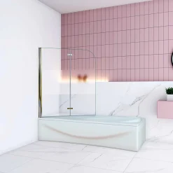 AICA Sanitaire Pare baignoire Chrome au angle arrondis pivotant 180 degrés L100xH140cm, 6mm verre anticalcaire avec bande central dépoli