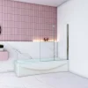 AICA Sanitaire Pare baignoire Chrome au angle arrondis pivotant 180 degrés,L100xH140cm, 6mm verre anticalcaire avec porte serviette