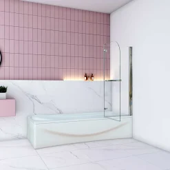 AICA Sanitaire Pare baignoire Chrome au angle arrondis pivotant 180 degrés,L100xH140cm, 6mm verre anticalcaire avec porte serviette