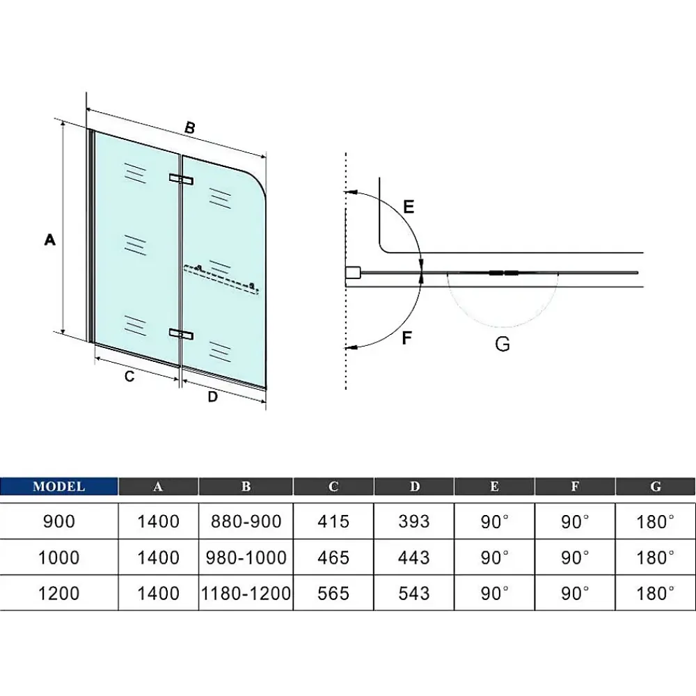 AICA Sanitaire Pare baignoire Chrome au angle arrondis pivotant 180 degrés,L100xH140cm, 6mm verre anticalcaire avec porte serviette