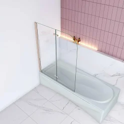 AICA Sanitaire Pare baignoire Chrome au angle arrondis pivotant 180 degrés L90xH140cm,6mm verre anticalcaire avec bande central dépoli