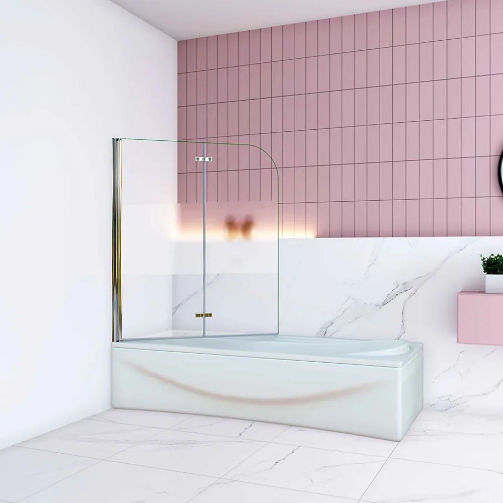AICA Sanitaire Pare baignoire Chrome au angle arrondis pivotant 180 degrés L90xH140cm,6mm verre anticalcaire avec bande central dépoli