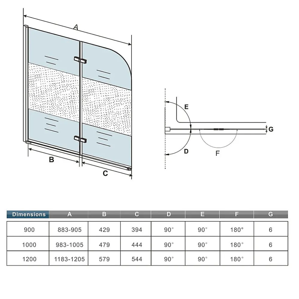 AICA Sanitaire Pare baignoire Chrome au angle arrondis pivotant 180 degrés L90xH140cm,6mm verre anticalcaire avec bande central dépoli