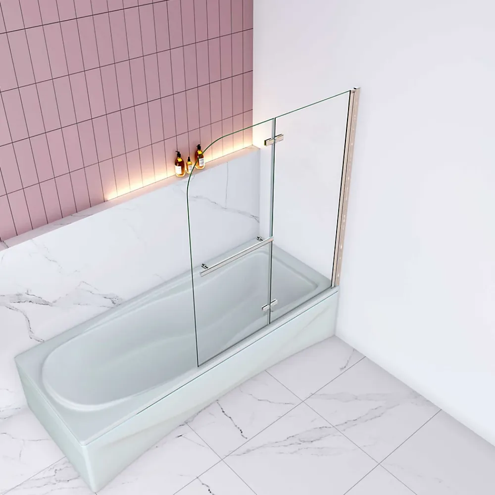AICA Sanitaire Pare baignoire Chrome au angle arrondis pivotant 180 degrés,L120xH140cm, 6mm verre anticalcaire avec porte serviette